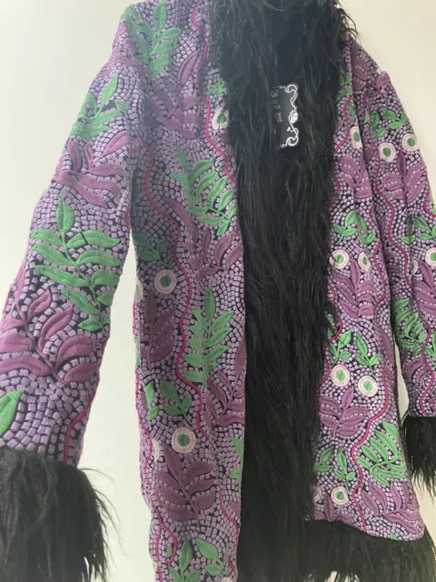 Anna Sui X Free People Jacquard Faux Fur Trim Coat Small 8 10