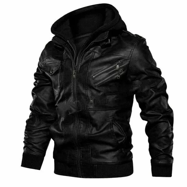 Men's Genuine Real Leather Jacket Black Bomber Winter Hooded Jacket Coat