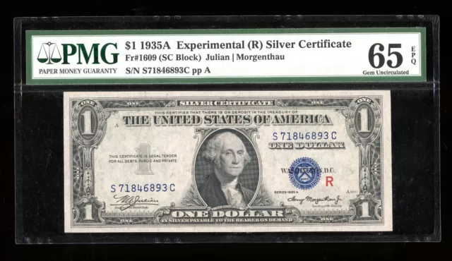 DBR 1935-A $1 Silver Experimental (R) Fr. 1609 Gem PMG 65 EPQ Serial S71846893C