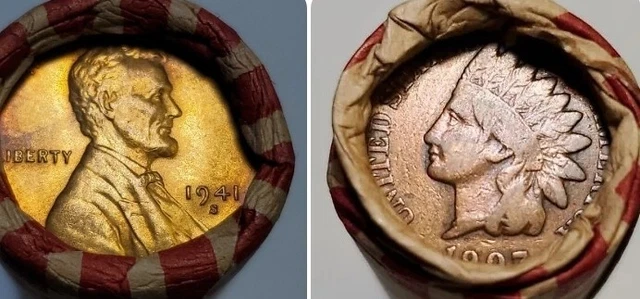 Roll Of Wheat Pennies+1941 s  Unc Lincoln Wheat Cent+ 1907 Indian head penny#a