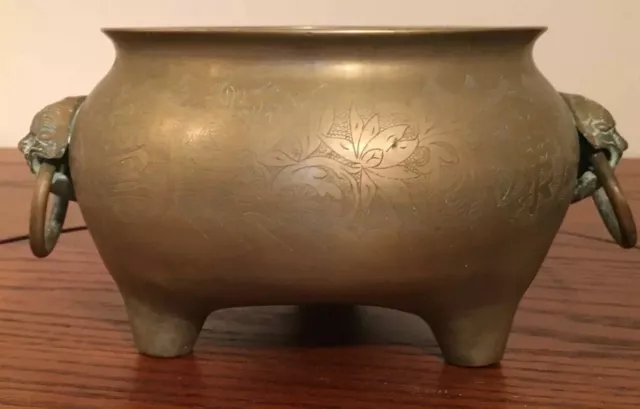 Atq Asian Chinese Brass Censer Bowl Burner Signed Base Xuande Mark Heavy Rare