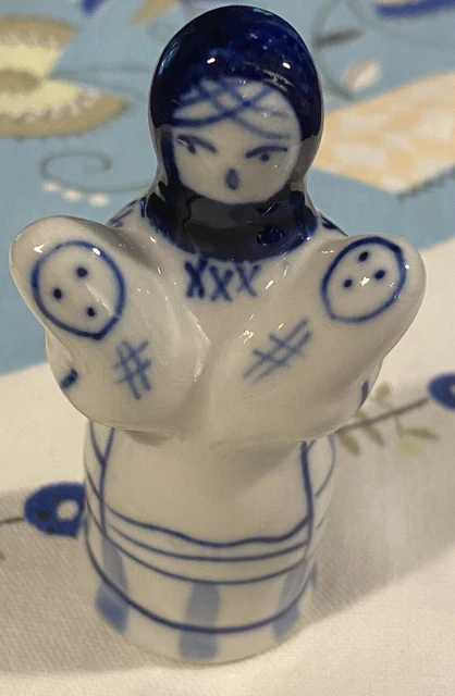 Vintage Gzhel Russian Hand-Painted Porcelain Figurine Woman Carrying Twins.