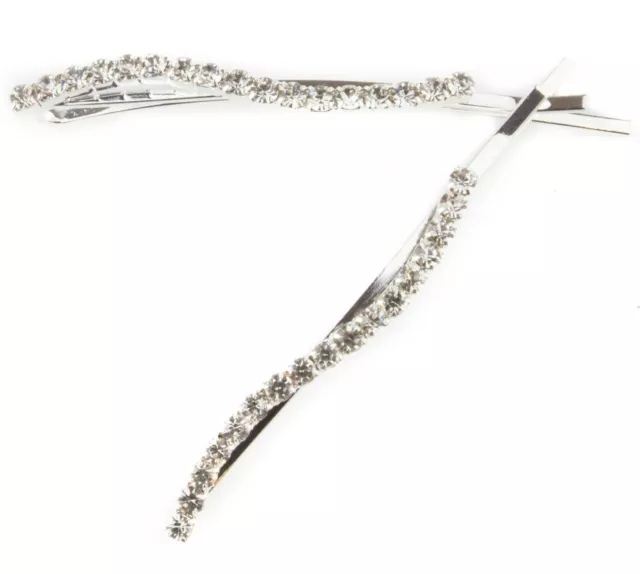 2 PCs Silver Crystal Diamante Bobby Pins Hair Clips Slide  Grip Wavy Design