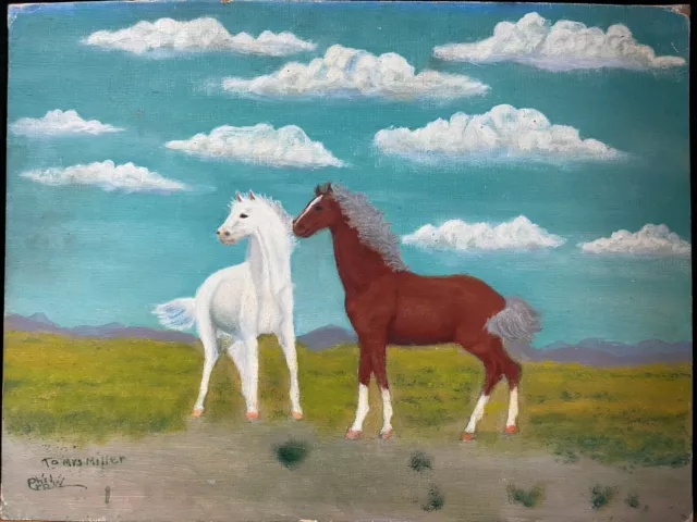Vintage HORSES PAINTING - Handpainted 9"x12" - Charming Americana Art