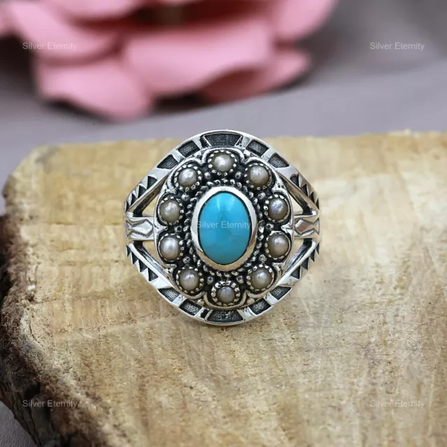 Natural Turquoise Gemstone Jewelry 925 Sterling Silver Band Ring For Girls