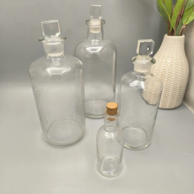 Antique Apothecary Clear Glass Medicine Bottles x4 with Lids Chemist Pharmacy