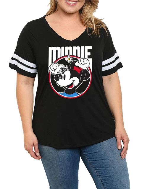 Plus Size Women's Disney Minnie Mouse V-Neck T-Shirt Classic Retro Sport Black