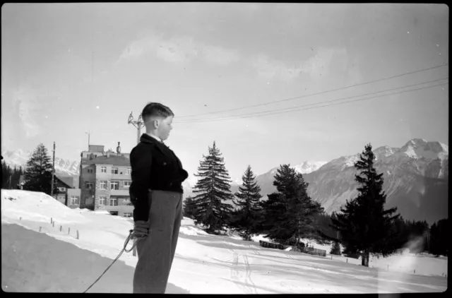 Young Boy Snow Mountain Sledge - Antique Photo Negative Year 1930