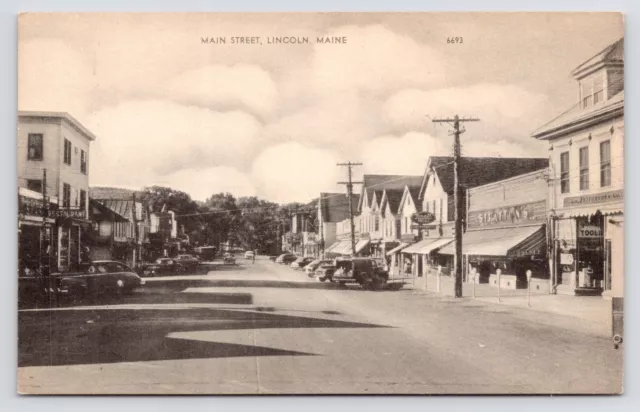 c1940s~Lincoln Maine ME~Main Street~Rexall Drugs~Stratton's~Vintage Postcard