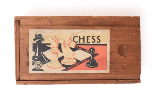 Vintage Wooden Chess Boxed Set, K&C London, Staunton Chessmen Pieces Boxwood