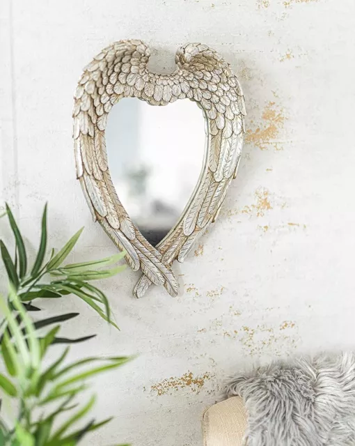 Small Angel Wings Wall Mirror Hanging Feathered Decor Rustic Heart Shaped Home