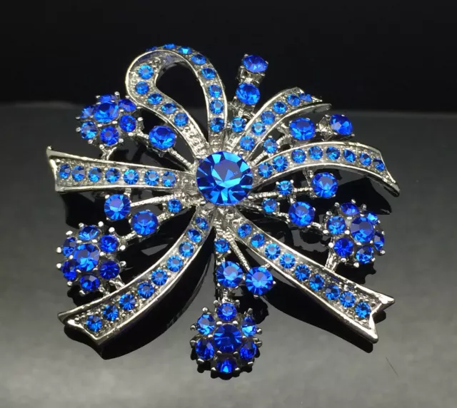 Royal Blue Sapphire Brooch Dress Silver Wedding Bridal Gift Formal Crystal Silve