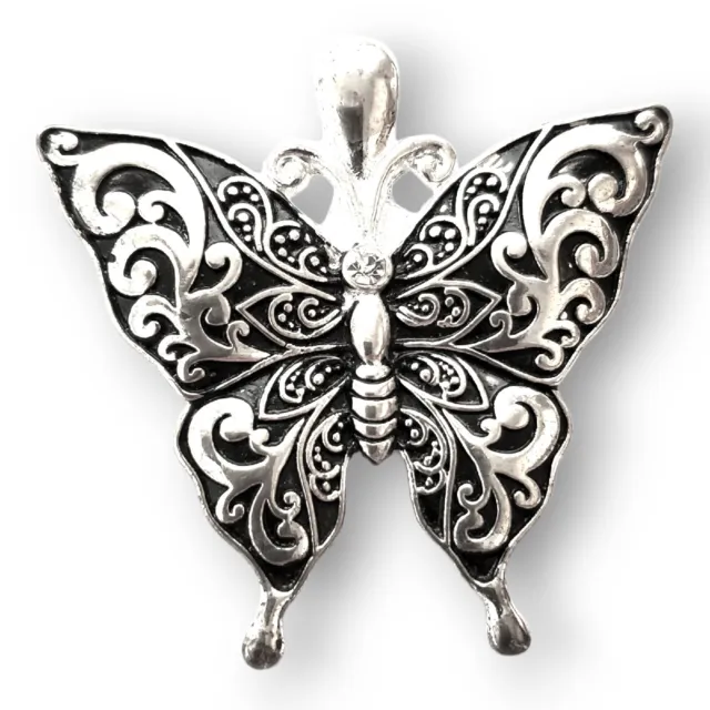 Vintage Silver Tone Filigree Brilliant Crystal Black Enamel Butterfly Pendant