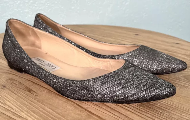 Jimmy Choo Alina Pointed Toe Flats Anthracite Glitter Silver Womens EUR 37.5