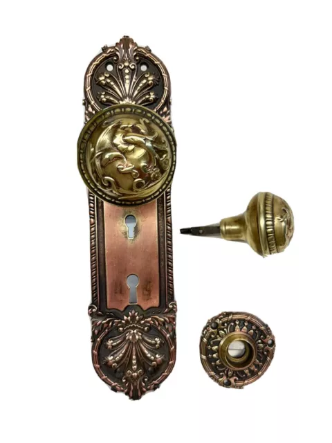 Antique Cast Bronze Door Knob Set Russel Erwin c.1890 Double Key Plate & Rosette