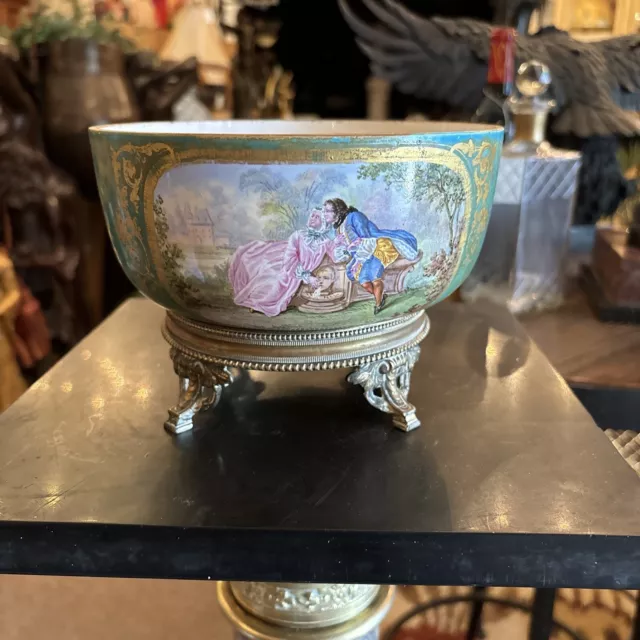 French 19th Century Sevres Aqua Porcelain Footed Bowl/planter/ice Bucket
