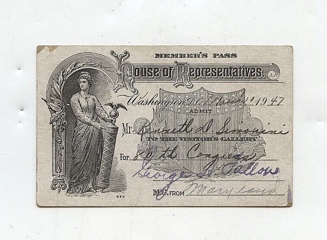 House Of Representive Member's Pass From March 1947