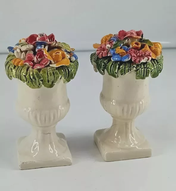 Vintage Floral Capodimonte In Urn Multi Color Figurines 3" Tall Lot Of 2 READ