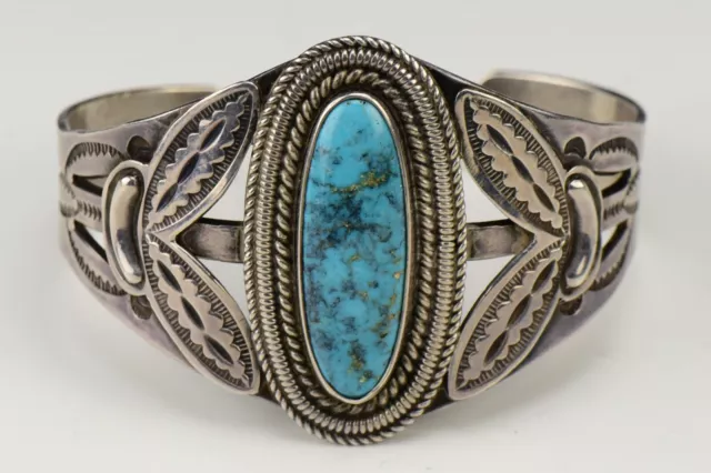 Signed Fred Harvey Navajo Indian Sterling Silver and Turquoise Cuff Bracelet