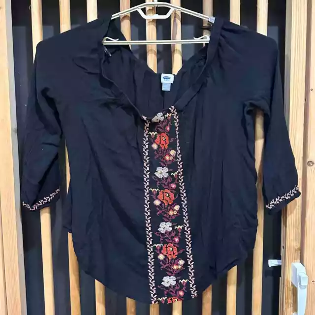 Old Navy Boho Top Womens XL Black Floral Embroidered 3/4 Sleeve Boho 100% Rayon