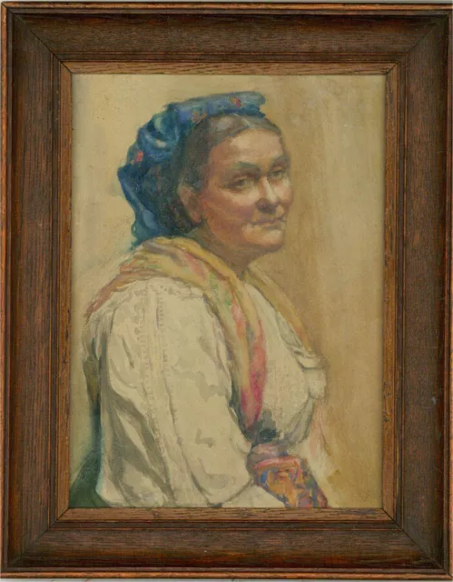 Early 20th Century Watercolour - Lady In A Blue Headscarf