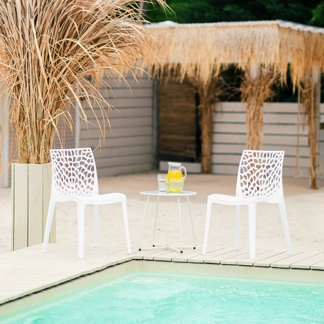 Chaise De Jardin En Plastique Simili Rotin - Lot De 4 Chaises Empilables - Blanc, Pour Terrasse, Balcon, Extérieur
