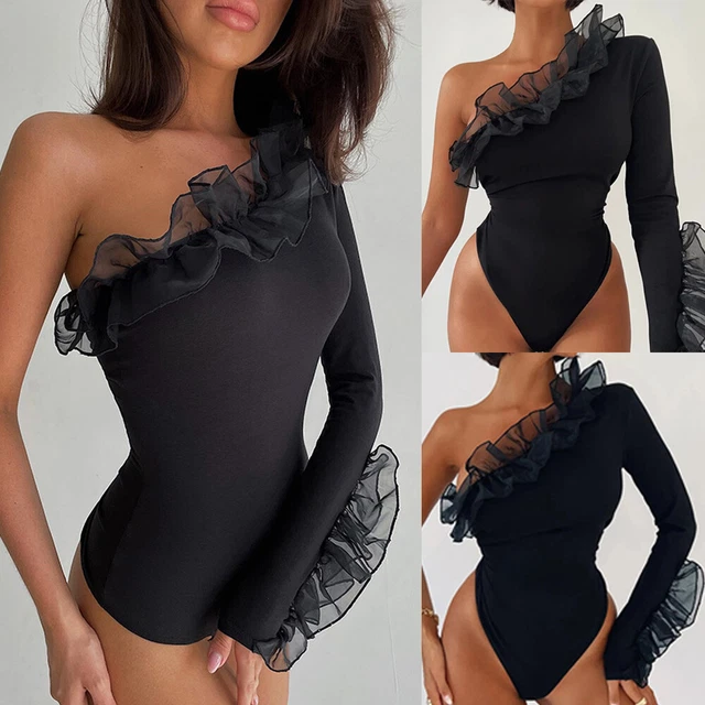 Womens Summer Bodysuits One Off Shoulder Tops Jumpsuit Frill Shirts Leotard SIZE
