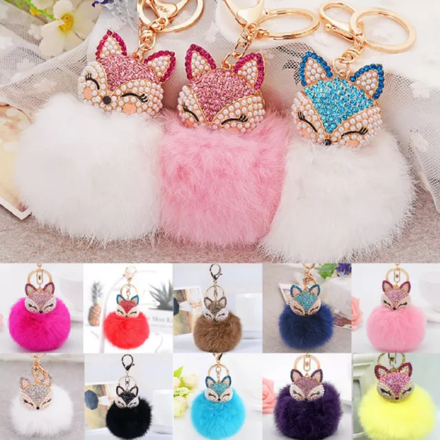 Pom Pom Ball Crystal Furry Fox Key Chain Ring Purse Backpack Charm Free Gift Bag