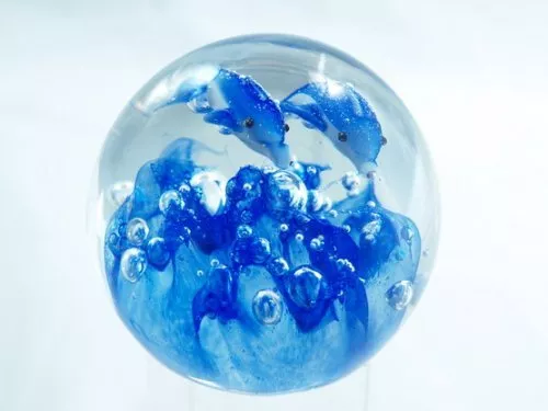 M Design Art Mouth Blown Twin Dolphins Blue Handmade Art Glass Paperweight