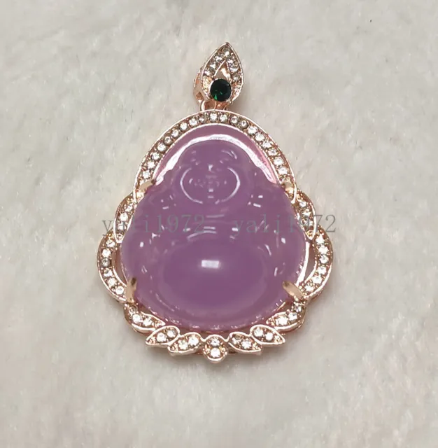 Natural Purple Chalcedony Agate Hand-carved Buddha Inlaid Rose Gold Pendant