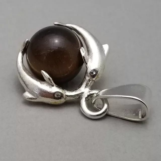 Solid Sterling Silver Tiger's Eye Bead Dolphin Necklace Pendant 925 - 5.8g