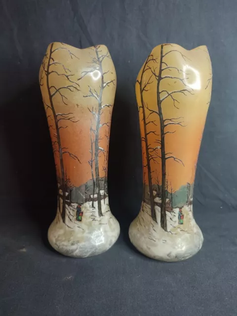 Paire de vases en verre émaillé de Legras paysage d'hiver début XXème