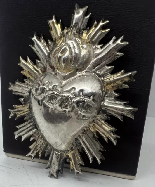 Antique Old Religious Sterling Silver Sacred Heart Italy Late 19th Century