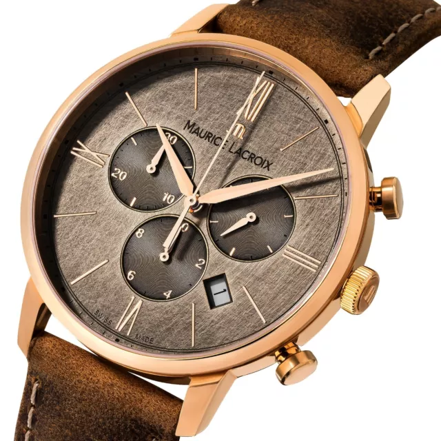 Maurice Lacroix Eliros Chronograph Gold Charcoal Leather Strap EL1098-PVP01-210-1