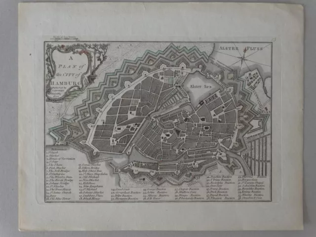 Hamburg Elbe Alster Plan Festung Mauer - Kupferstich Karte map Stockdale 1800