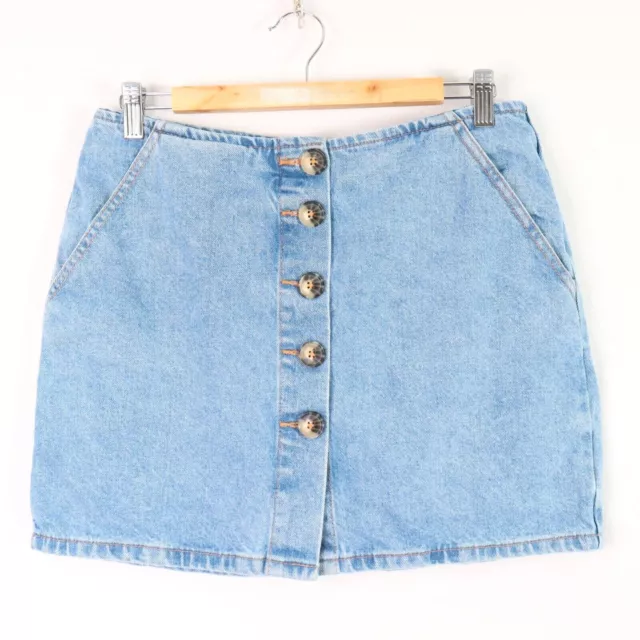 Pull&Bear Womens Skirt Mini Blue Jean Denim Button Front Pockets Size L fit 12