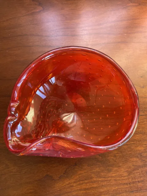 VINTAGE MURANO Art glass Red With Controlled Bubbles Bowl/Ashtray.