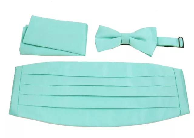 Men's Solid Aqua 3 Piece Cummerbund Bow Tie Hanky Set Formals Proms Weddings