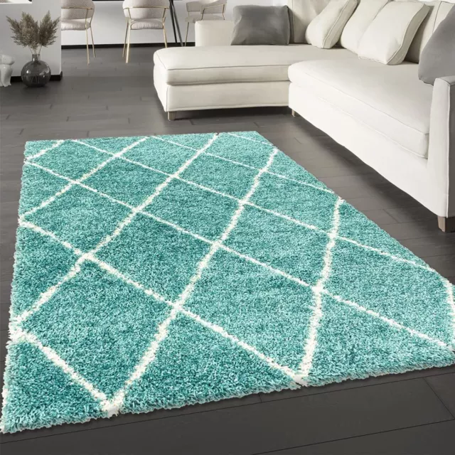 Large Shaggy Rug Teal Blue Deep Pile Diamond Pattern Thick Living Room Carpet