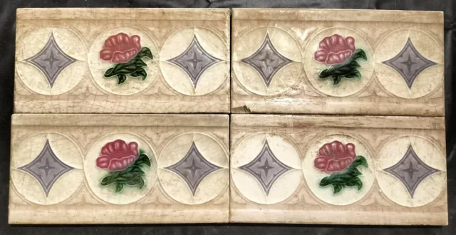 Antique Glazed porcelain Majolica 4 tile 3"x 6" Art & craft Border frame display