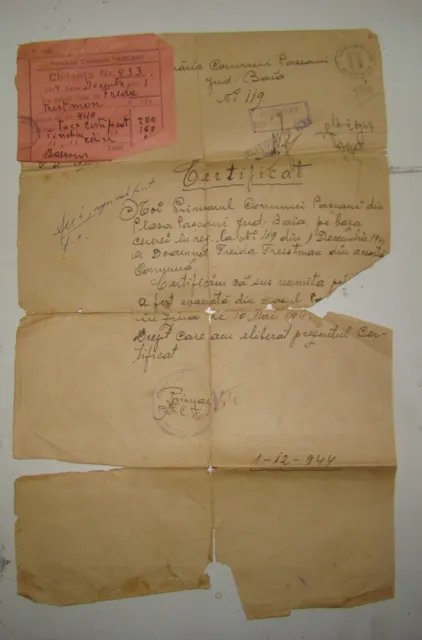 romania jewish Centrala Evreilor 1944 WW2 Certificate Letter Holocaust Signed