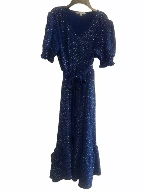 Emily Daniel’s Midi Length Ruffle Bottom Ruffle Sleeve Blue Metallic Sz L Dress