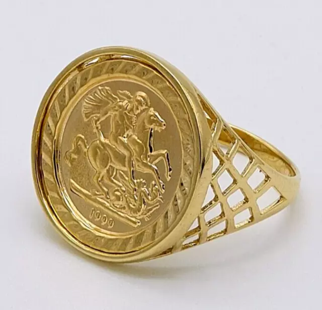 375 9ct Yellow Gold Saint George Round Sovereign Coin Ring V size 18mm Coin