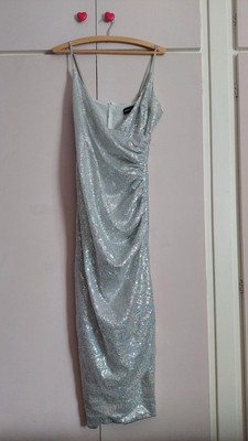 Pretty Little Thing Size 10 Evening Prom Silver Sequin Long Dress Bnwt