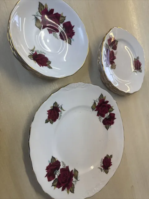 Vintage Royal Vale pretty red roses bone china Saucers Plates Tea Set.