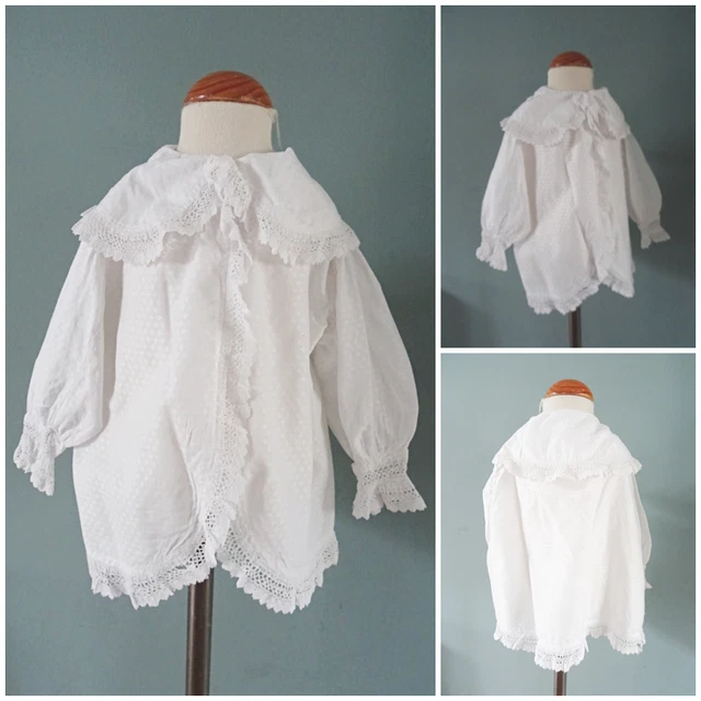 Giacca Antica Bambino Edoardiana Vittoriana Uncinetto Pizzo Cotone Bianco Collo Largo