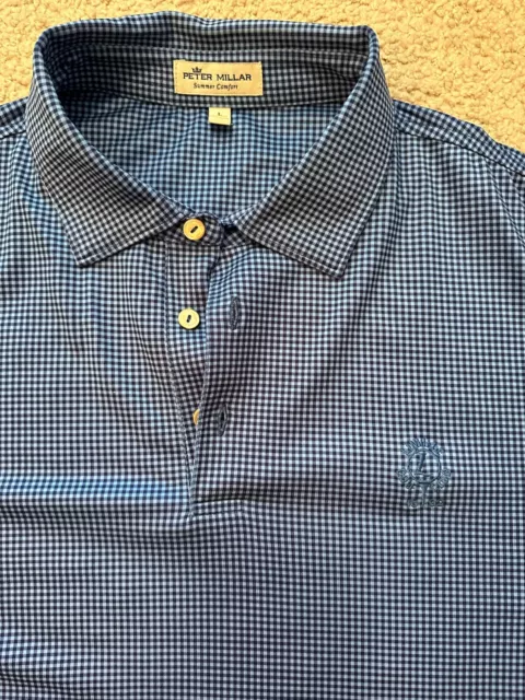 Peter Millar Summer Comfort Mens Pocket Polo Golf Shirt Gingham Check Blue Large