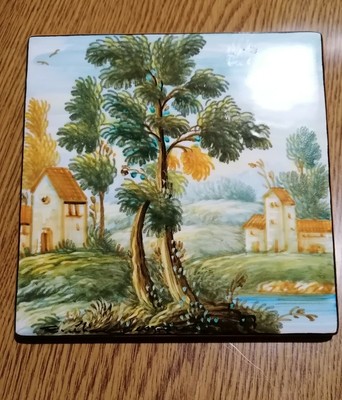 in ceramica di castelli,con Paesaggio dipinto a mano.castelli Mattone,quadro 