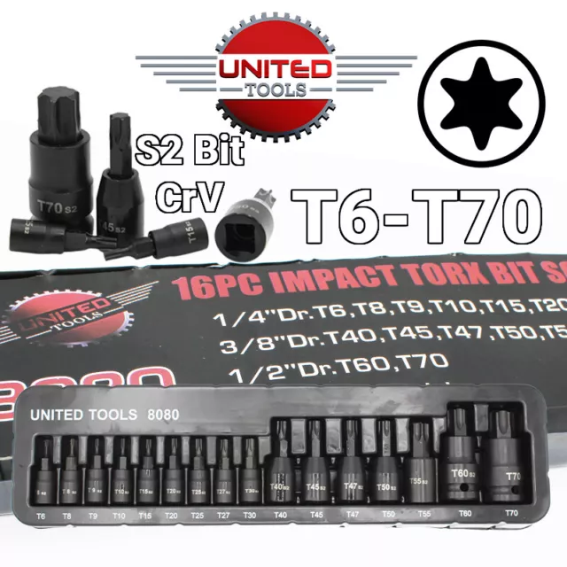 16pc INDUSTRIAL IMPACT TORX BIT SOCKET SET T6 - T70 1/4" 3/8" 1/2"dr TRX 8080