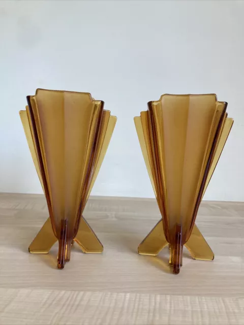 Pair Stölzle #19249 Art Deco Part Frosted Amber Pressed Glass Rocket Vases VG+